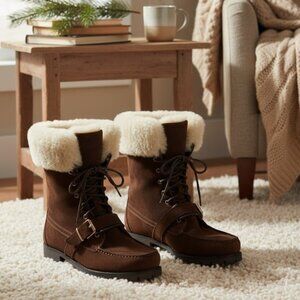 Ralph Lauren Womens Zabby Brown Suede Lace Up Boots Shearling Lined Size 8.5 B